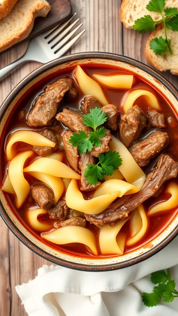A bowl of one-pot beef and noodles with beef strips and egg noodles in savory broth, garnished with parsley on a rustic table.